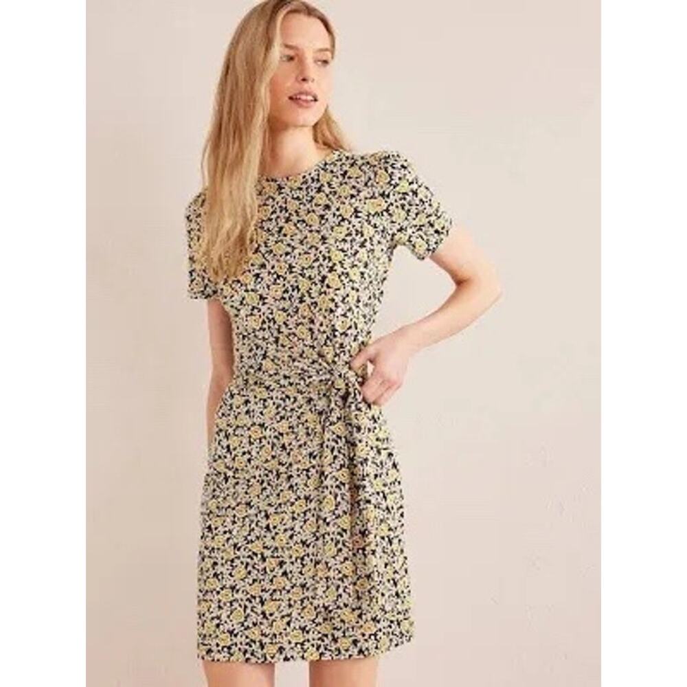 Boden Tie Knot Front Jersey Midi Short Sleeve Floral Black Yellow Dress EUC 4